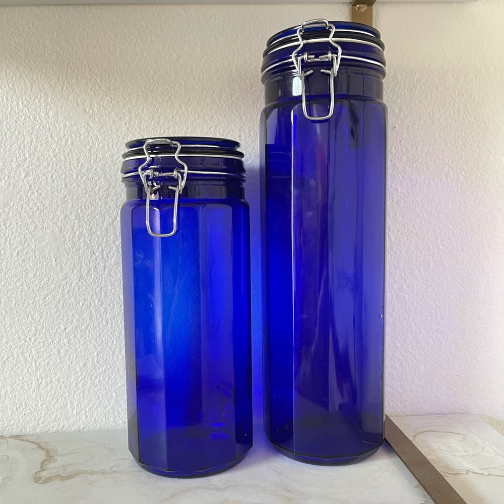 Vintage Cobalt Blue 12 Panel Canister Jar with Wire Bale Hinged Lid